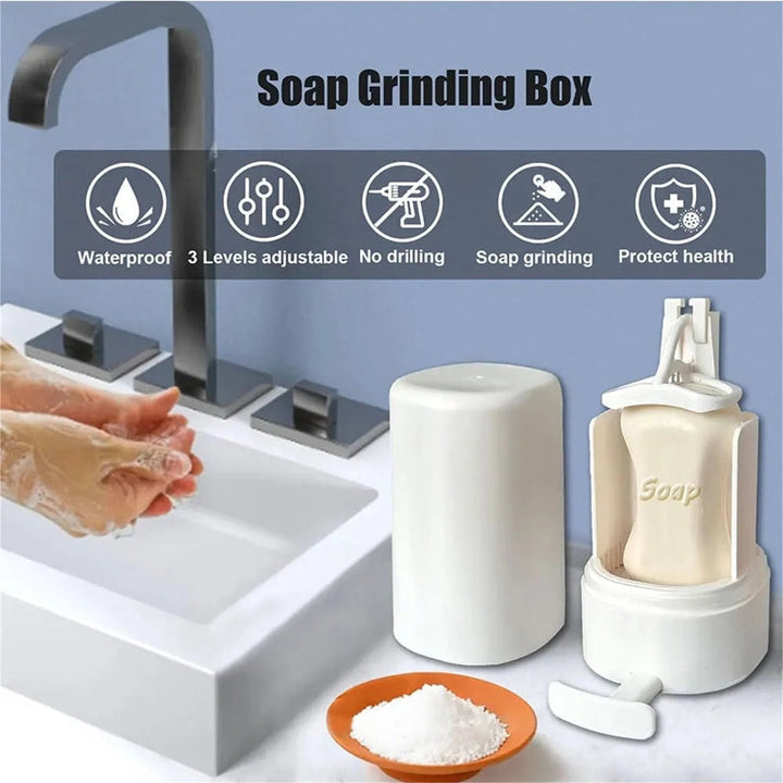 Ergonomic wall-mounted soap grinder, manually dispensing bar soap in flakes.