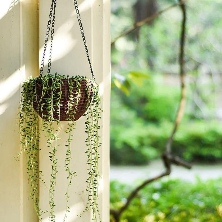 White self-watering hanging planter, ideal for indoor or outdoor plant self-care and garden decor.