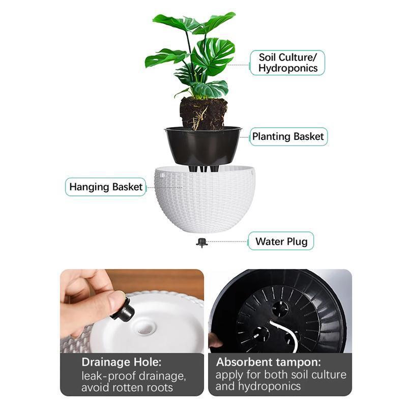 Outdoor hanging planter with self-watering system, great for garden and patio plant care.