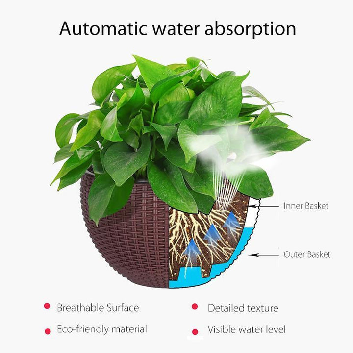 Close-up of a self-watering hanging planter, showcasing its innovative plantcare design for flowers.
