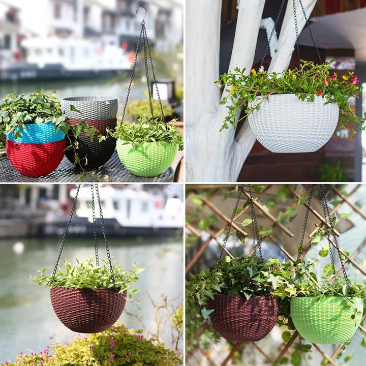 Versatile self-watering planter, perfect for adding greenery as indoor or outdoor hanging decor.