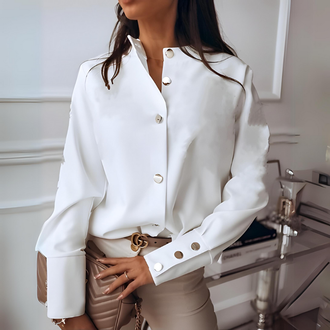 White women's effortless long sleeve button-up shirt, perfect for casual summer fashion & everyday wear. Versatile classic style.