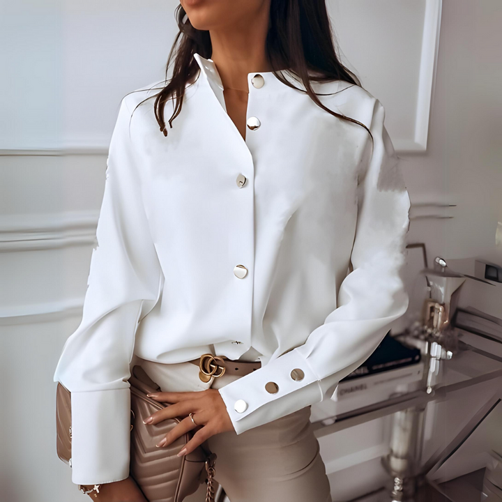 White women's effortless long sleeve button-up shirt, perfect for casual summer fashion & everyday wear. Versatile classic style.