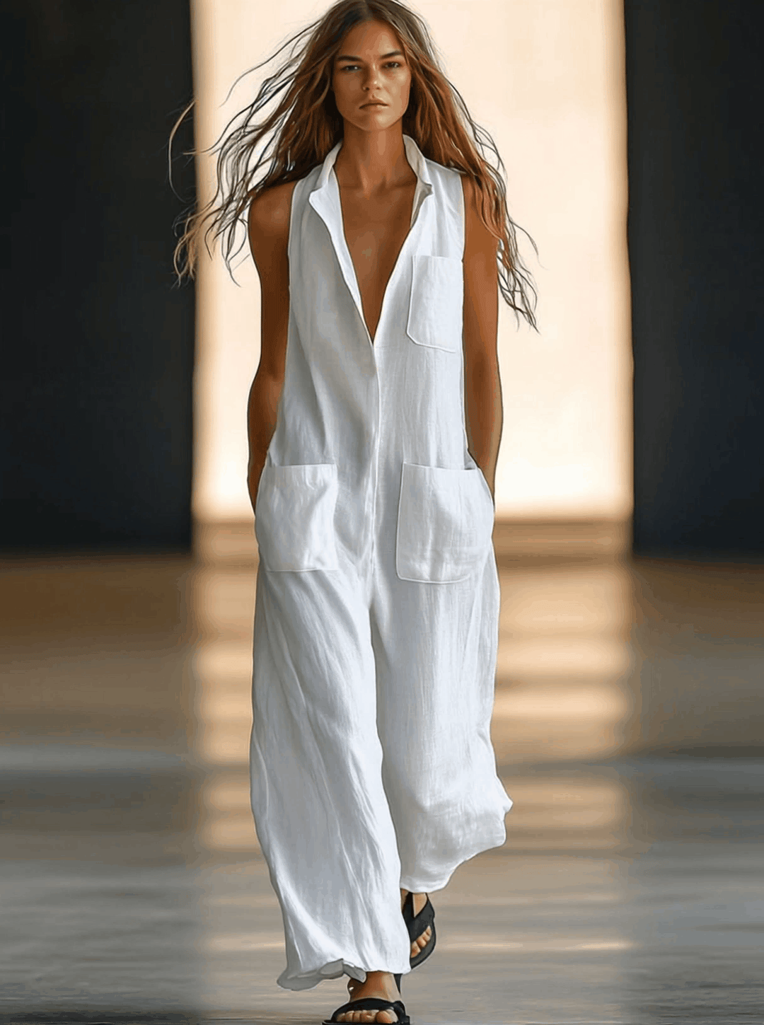 Effortless women's collared V-neck sleeveless jumpsuit. Features patch pockets & wide legs for casual elegance & comfort.
