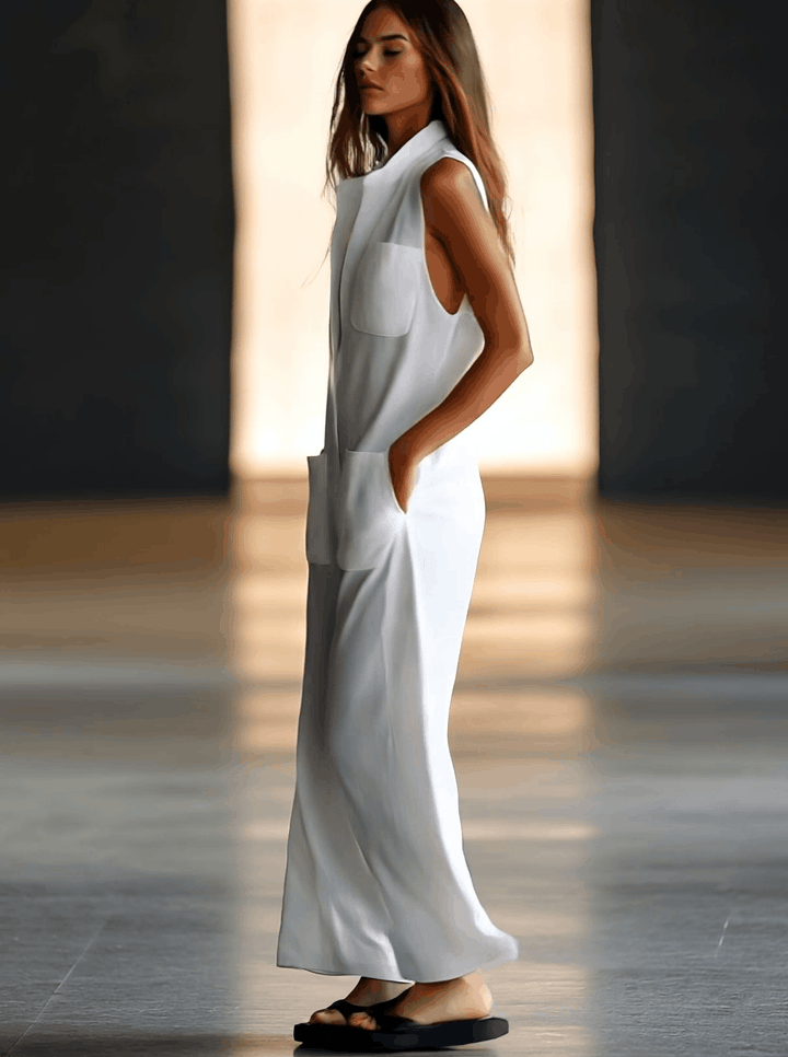 Stylish women's collared deep V-neck sleeveless jumpsuit with wide leg design & practical patch pockets. Casual fashion.