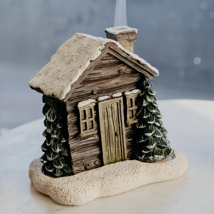 Winter Log Cabin Incense Cone Burner, handcrafted resin decor for home fragrance & aroma