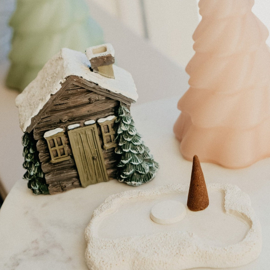 Cozy Winter Log Cabin Incense Burner, perfect resin replica cabin for cone incense