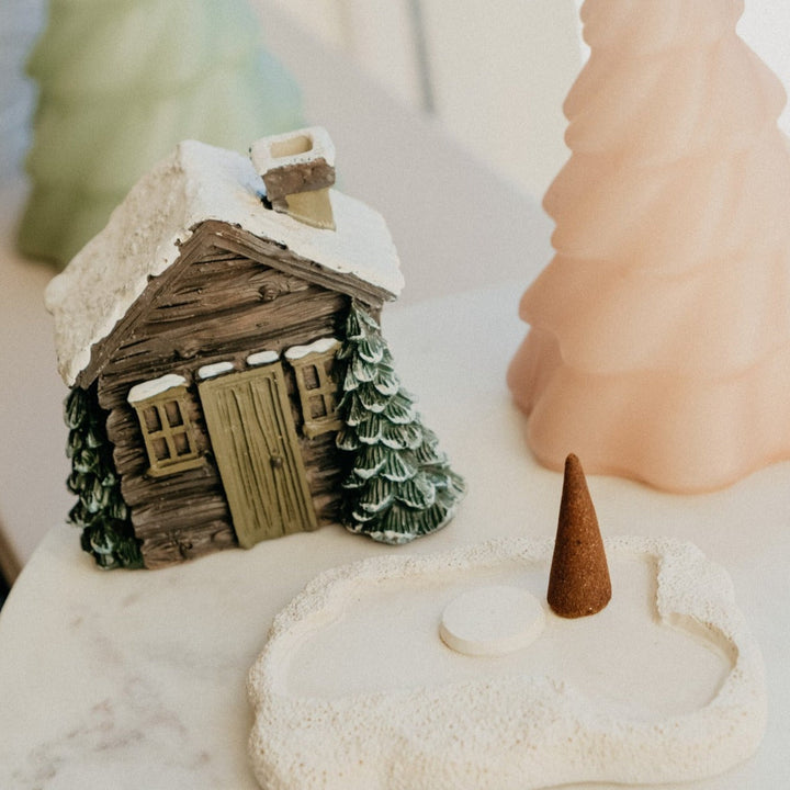 Cozy Winter Log Cabin Incense Burner, perfect resin replica cabin for cone incense