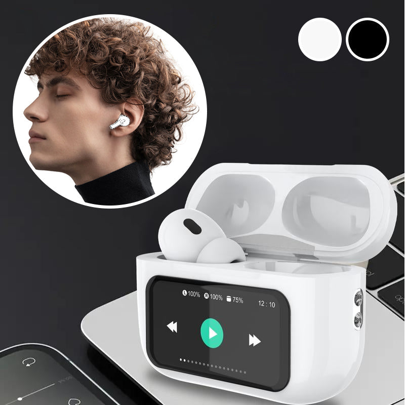 Wireless Bluetooth earbuds, black with charging case. Noise cancelling for clear audio.