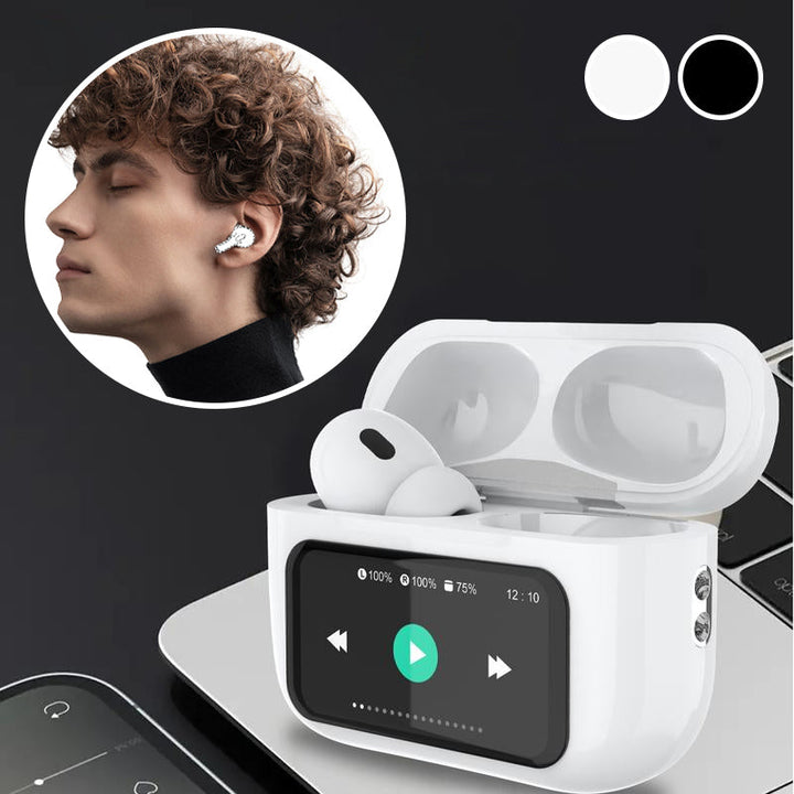 Wireless Bluetooth earbuds, black with charging case. Noise cancelling for clear audio.