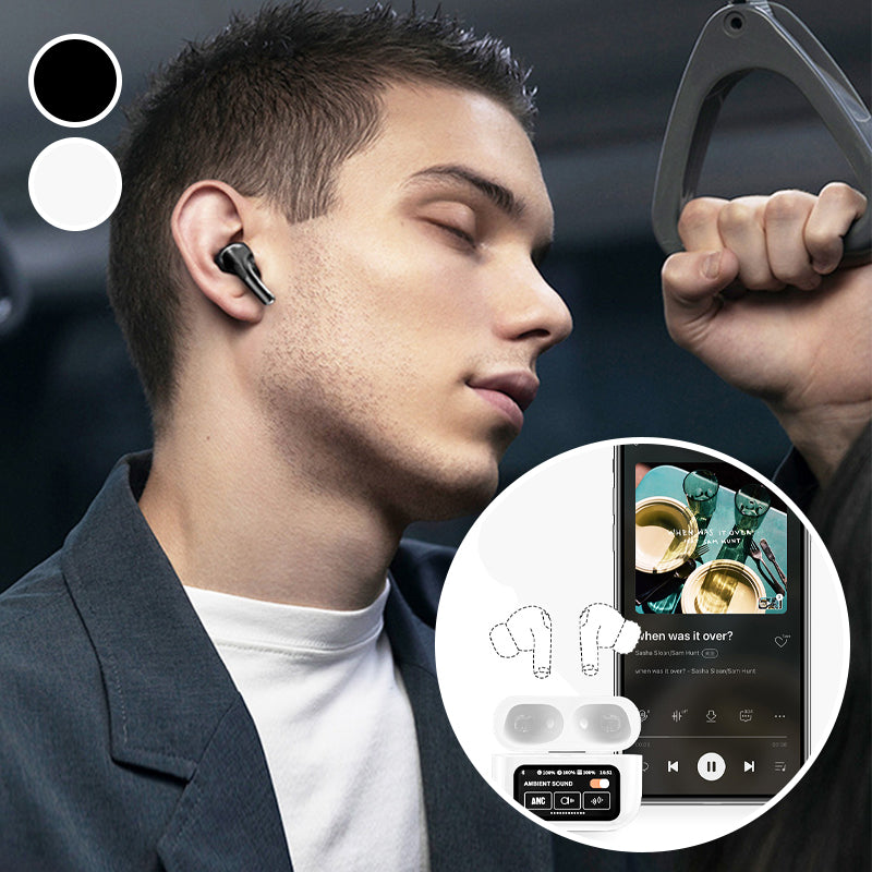 Pair of sleek wireless earbuds in ear, demonstrating secure and comfortable fit, with noise cancellation.