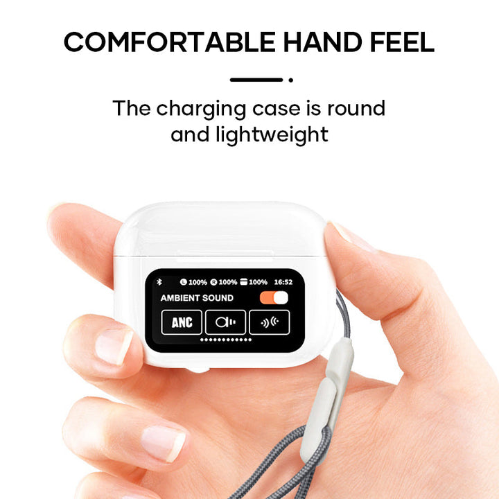 Overhead view of open charging case revealing two wireless Bluetooth earbuds, fully charged.