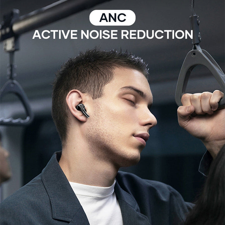 Wireless noise-cancelling earbuds placed next to a smartphone, showcasing seamless Bluetooth connectivity.