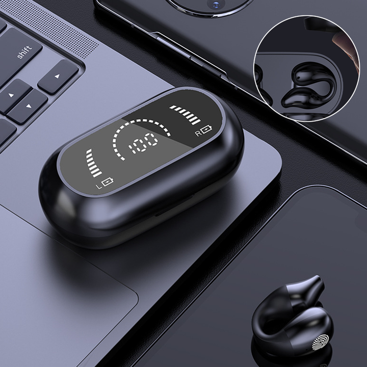 Isolated image of the wireless ear clip bone conduction headphones, clean background.