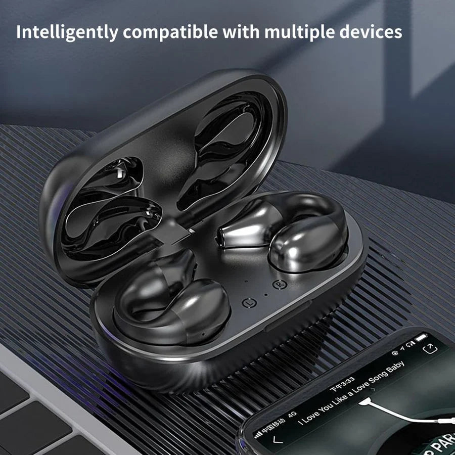 Bone conduction headphones with ear clip design, offering awareness and comfort during activities.