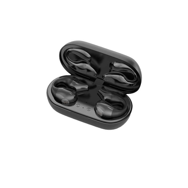 Wireless ear clip headphones with charging case, illustrating portability and battery life.