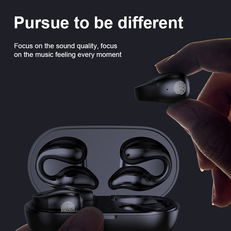 Wireless ear clip headphones, demonstrating their secure and comfortable fit on the ear.
