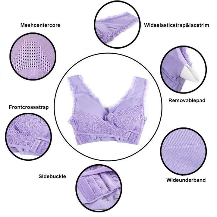 Lace wireless bra with front cross design, offers lift and comfort for daily wear