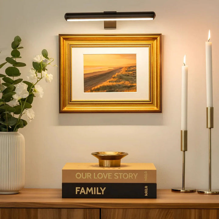 Wireless rechargeable LED picture light, modern dimmable artwork lighting for wall decor, USB charging.