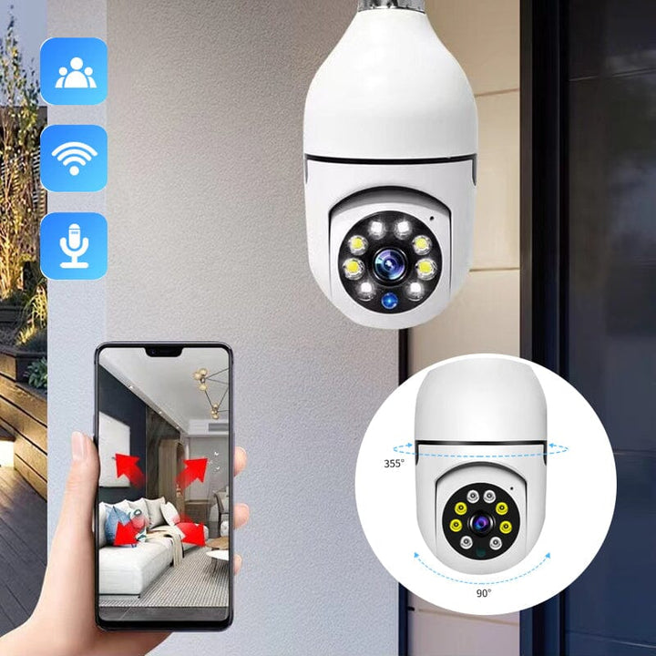 Wireless WiFi light bulb security camera with 360-degree view, smart home surveillance