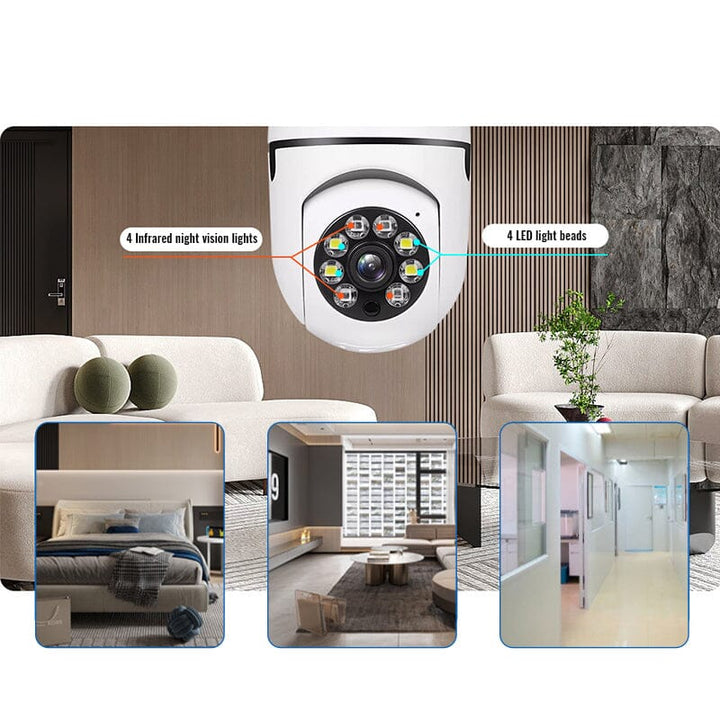 Motion-sensing WiFi light bulb camera, alerts for intruder detection