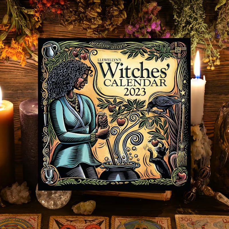 Witchy Wisdom Wall Calendar 2023 with mystical artwork and lunar phases for magical planning.