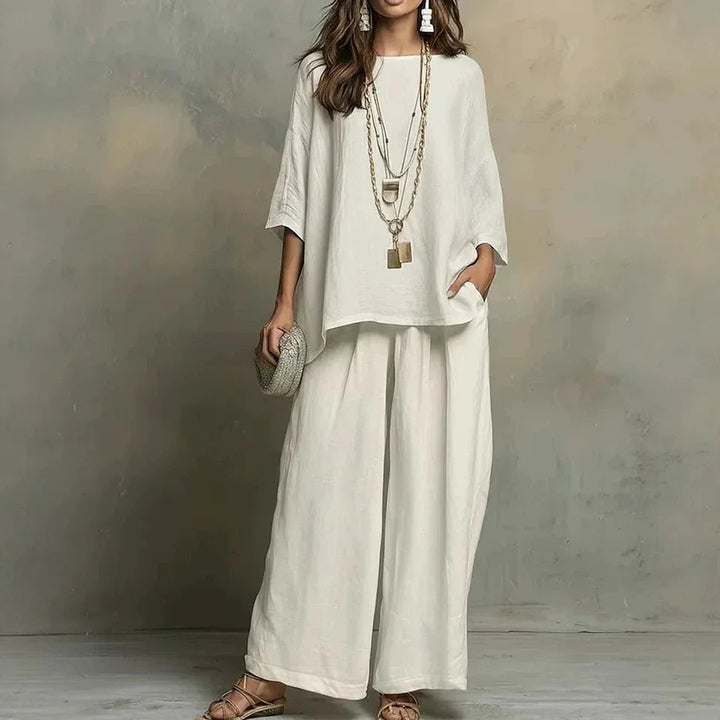 Elegant women's two-piece wide-leg pant set, perfect breathable summer apparel for comfort, travel, & effortless style.