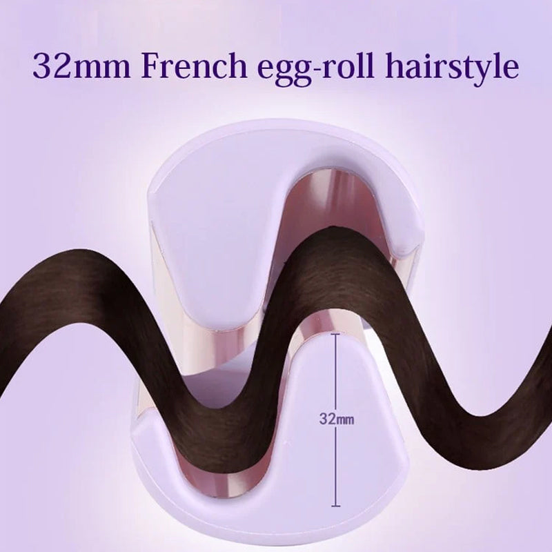 Close-up of a ceramic French egg wave hair curler, showing its unique triple barrel design for deep waves