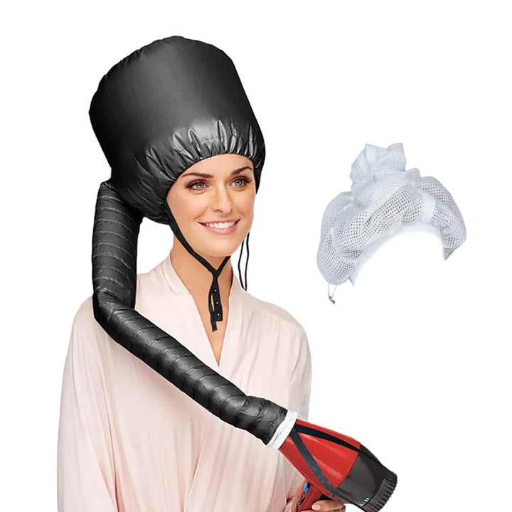 Illustration showing how a plopping cap works to dry hair and enhance curls