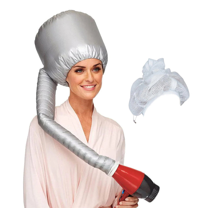 Before and after image of curly hair: frizzy vs. defined curls with plopping cap