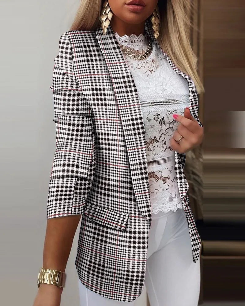 Fashionable women's 3/4 sleeve printed blazer with an open front design, ideal for versatile work or casual outfits.