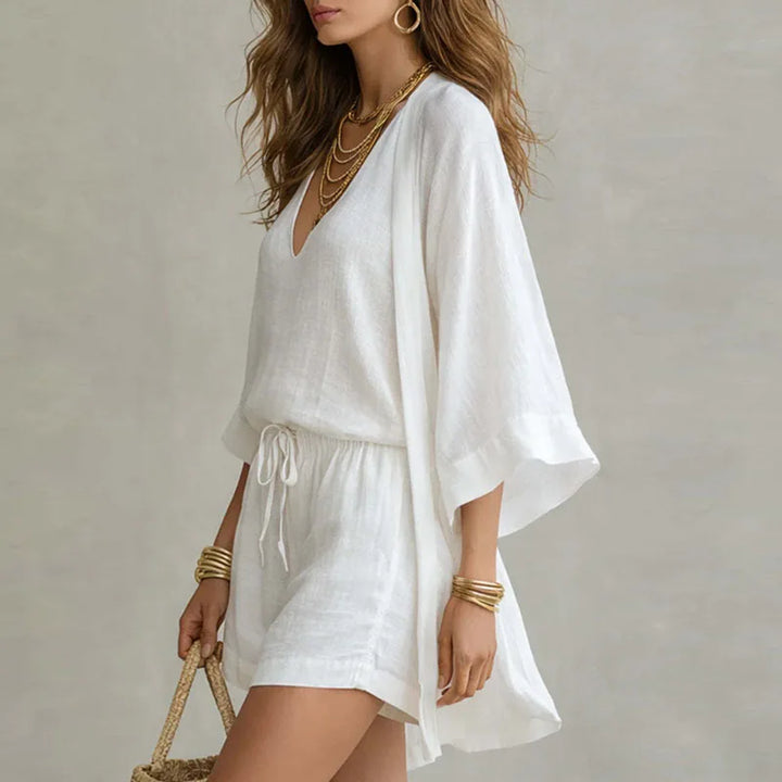 Comfortable women's lounge wear set with a stylish kimono, cami top, and adjustable drawstring shorts.