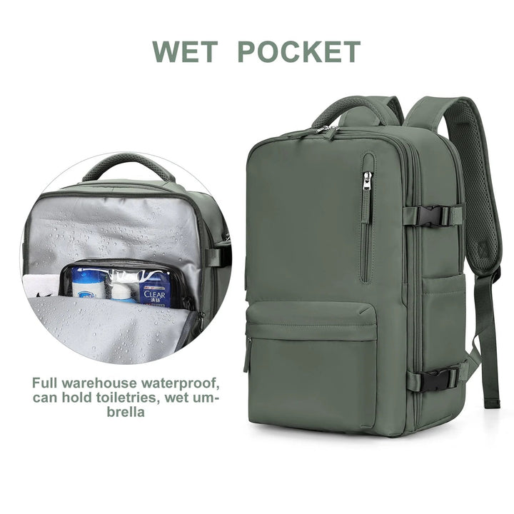 Women's 35L travel backpack with integrated USB charging port for on-the-go device power.