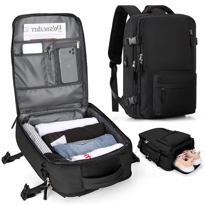 Women's 35L laptop travel backpack, anti-theft design & USB, perfect for tech-savvy commuters.