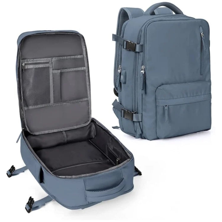 Organized women's 35L travel backpack with multiple compartments, waterproof for efficient packing.