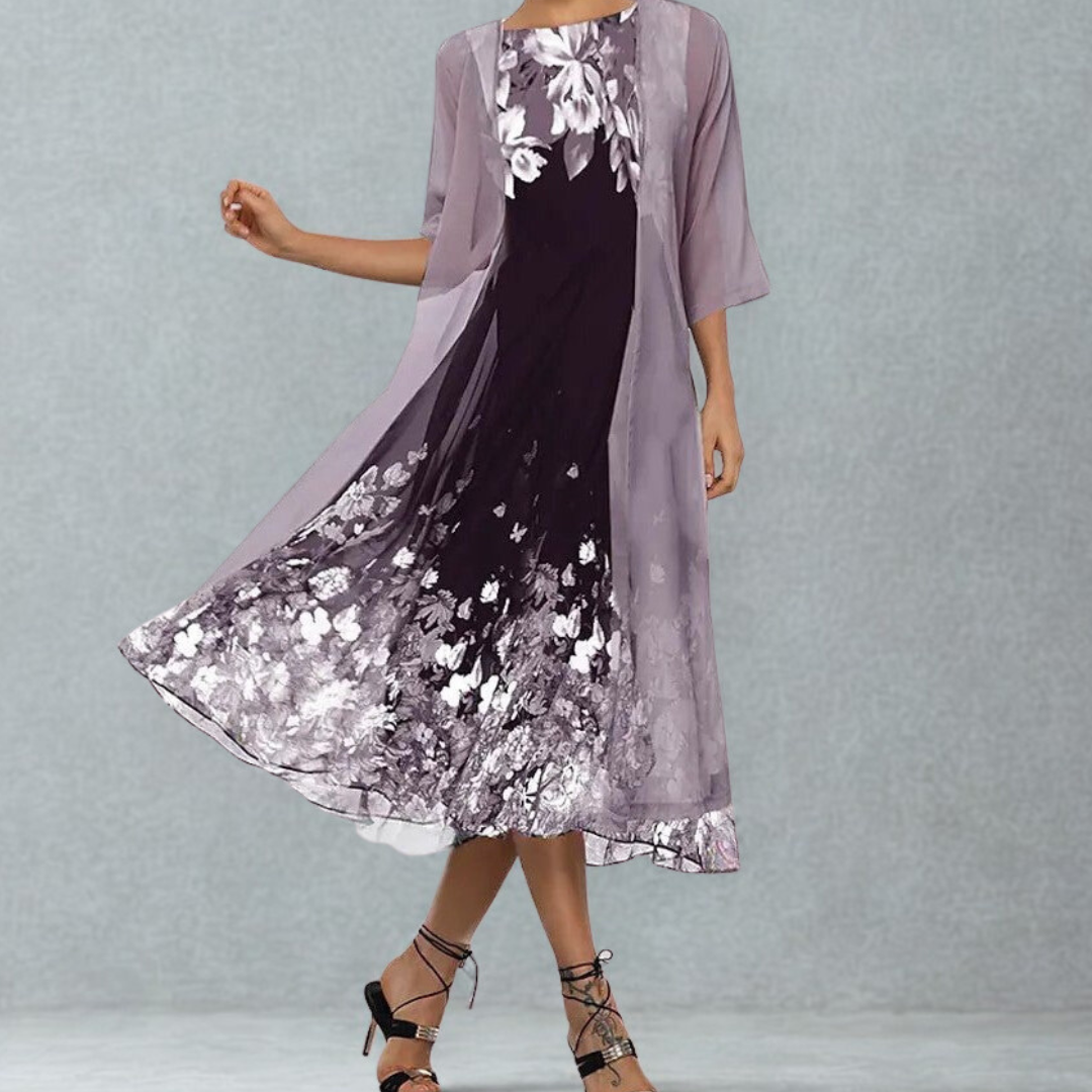 Women's A-Line midi floral dress with 3/4 sleeves, round neck. Perfect for spring & summer casual elegant wear.