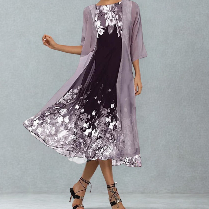 Women's A-Line midi floral dress with 3/4 sleeves, round neck. Perfect for spring & summer casual elegant wear.