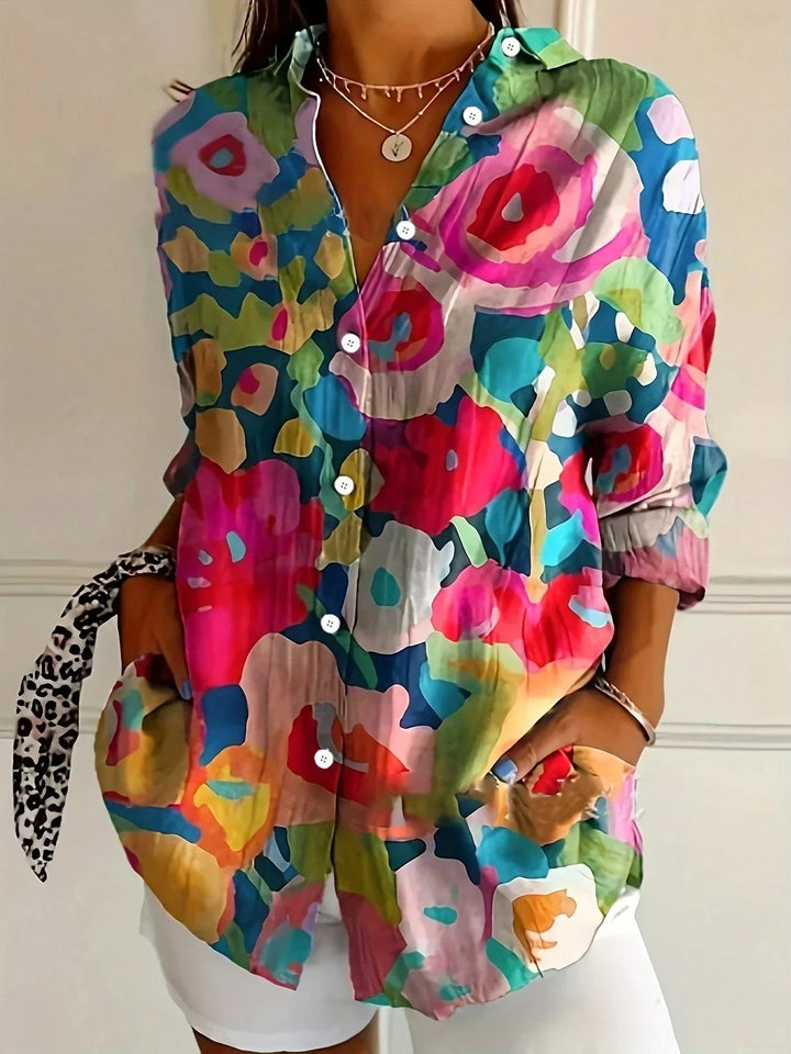 Modern women's casual blouse with a unique abstract pattern. Comfortable long sleeve shirt for everyday & work.