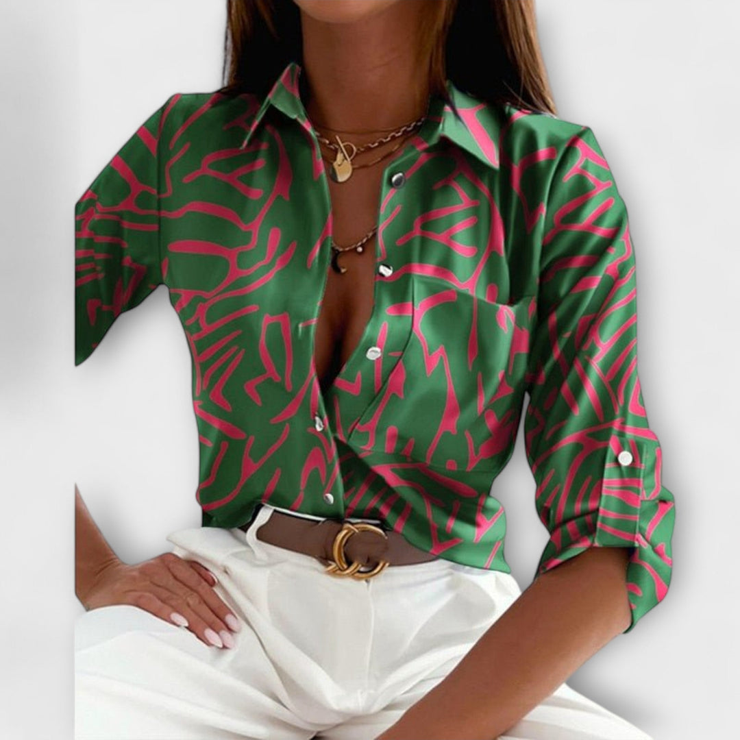 Stylish women's abstract print button down blouse, perfect smart casual fashion top.