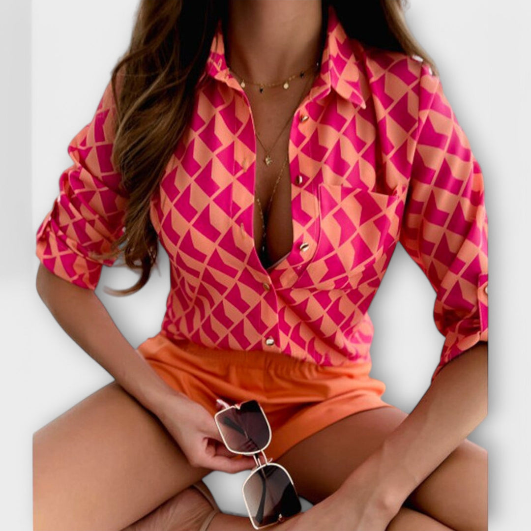 Versatile women's abstract print button down blouse, ideal for going out or daily wear.