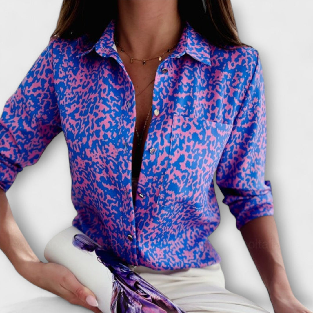Smart casual women's abstract print button down blouse, great for office or going out.