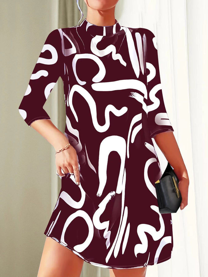 Effortless style: women's abstract print mock neck dress. Comfortable knee-length, three-quarter sleeve, casual modern look.