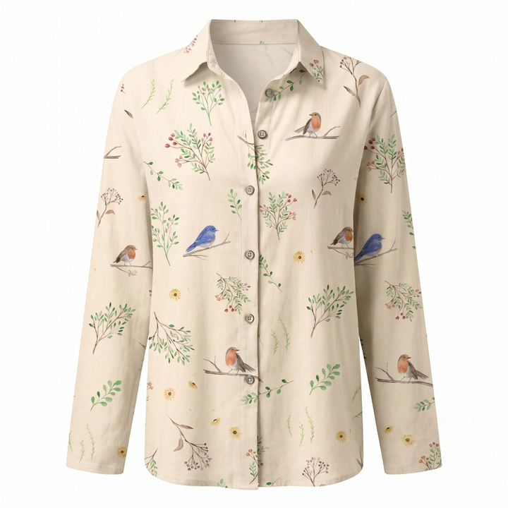 Versatile women's abstract print split-neck blouse. Long sleeve, relaxed fit, perfect for day to night.