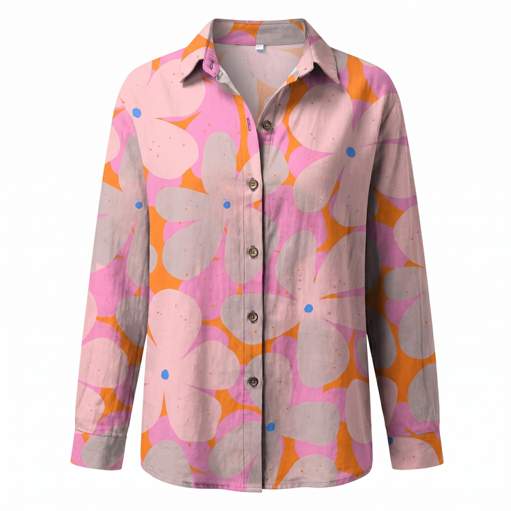Stylish women's long sleeve abstract print split-neck blouse. A modern patterned top for office or casual.
