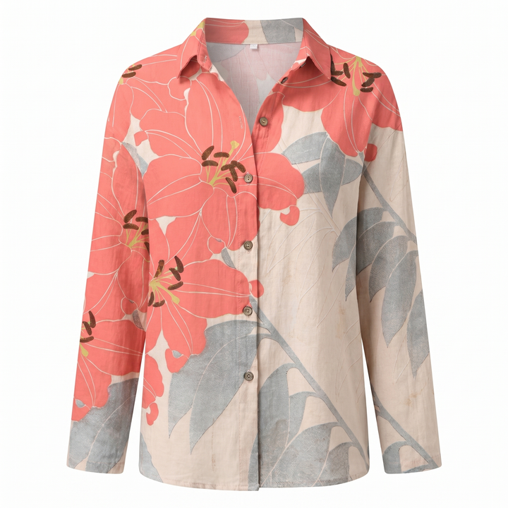 New spring fashion: Women's abstract print split-neck blouse. Long sleeve, versatile top for elegant style.