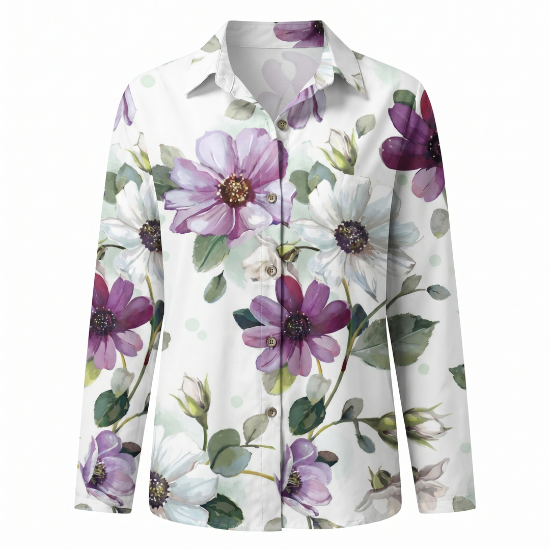 Women's split-neck button-front blouse featuring abstract print. Long sleeve, relaxed fit, versatile wear.