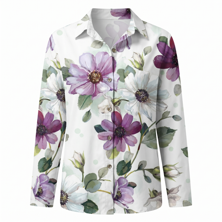 Women's split-neck button-front blouse featuring abstract print. Long sleeve, relaxed fit, versatile wear.