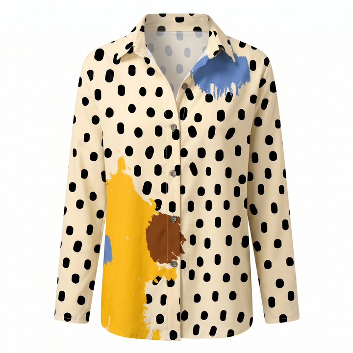 Essential women's abstract print split-neck blouse. Long sleeve, relaxed fit, perfect for office & casual.