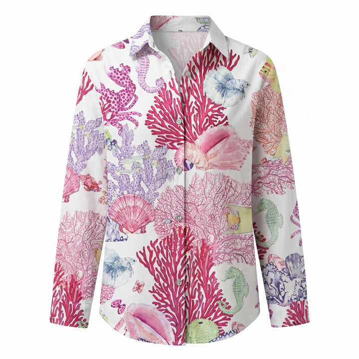 Women's button-front abstract print split-neck blouse. Long sleeve, great for casual or office chic.