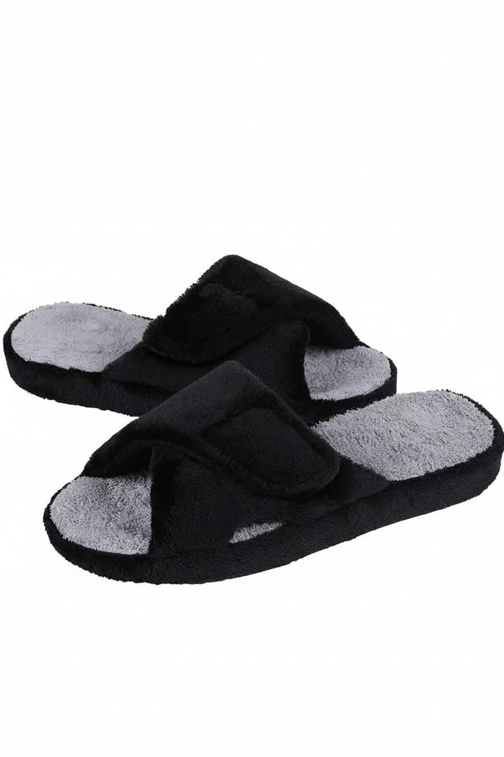 Stylish women's adjustable open-toe house shoes in a neutral color.